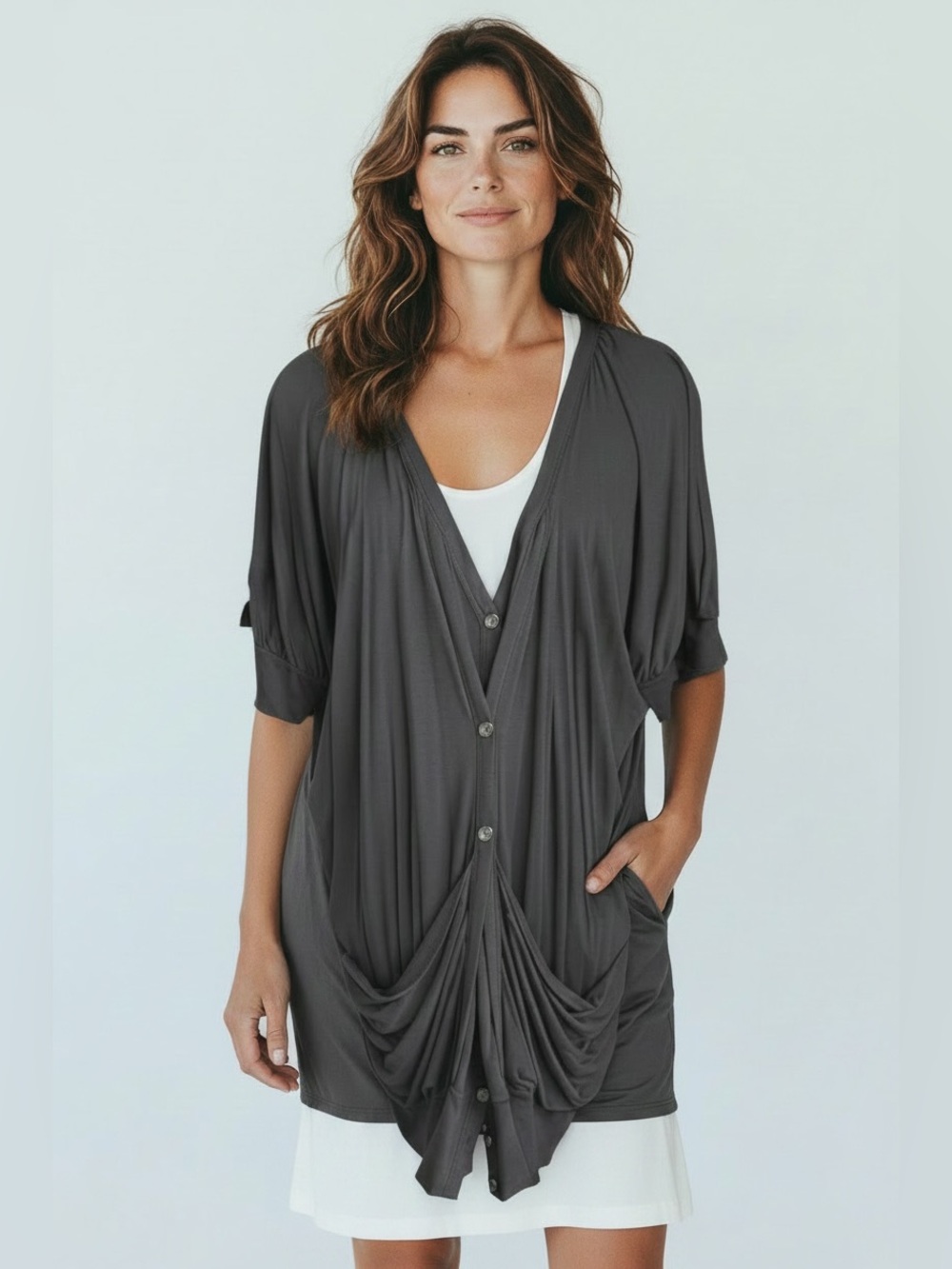 NWOT Anthropologie Gray Draped Button Cardigan